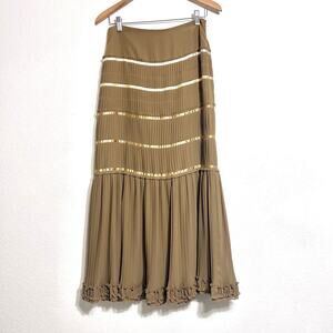 Dana Buchman Skirt Women 2 Tan Pleated Gold Ribbons Maxi‎